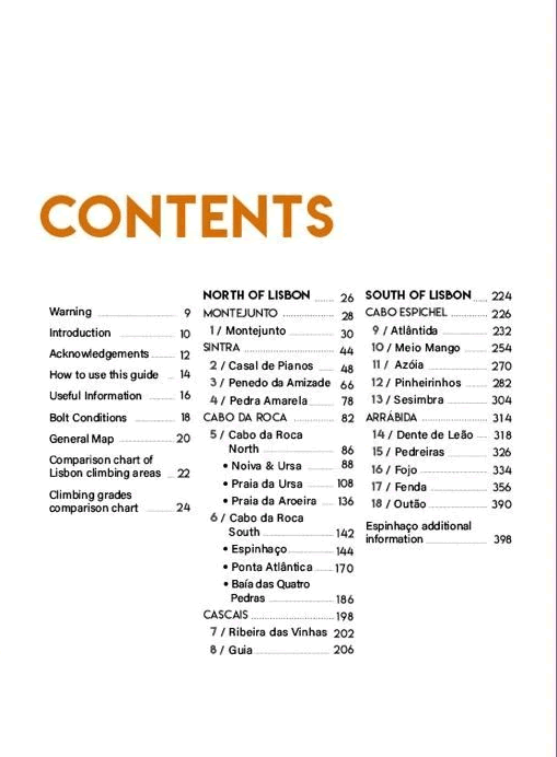 Lisbon Rock Climbing Guidebook - contents page