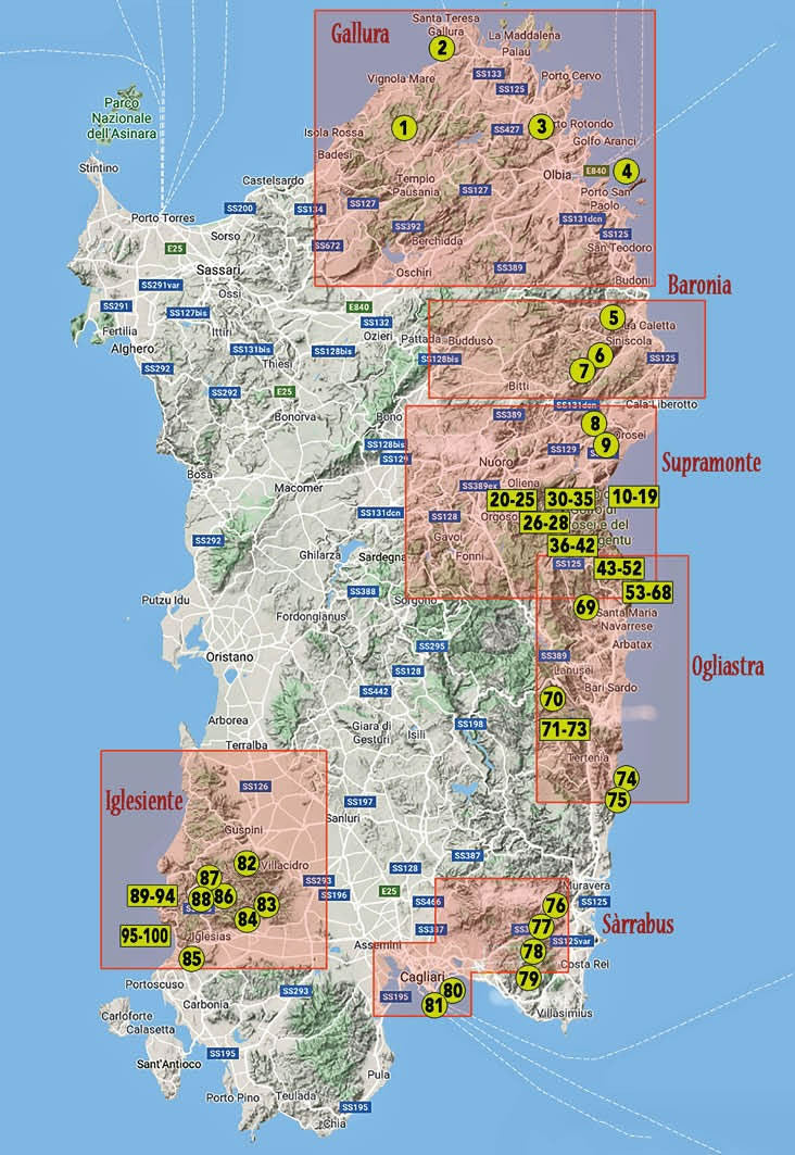 Sardinia: The 100 finest multi-pitch sport climbs guidebook - area map