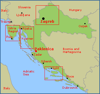 Map of the rock climbing areas in Croatia