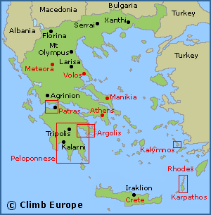 Map of the rock climbing areas in Greece