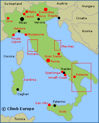 Map of the main rock climbing areas in Italy