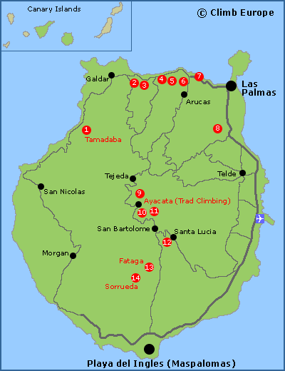 Map of the sport climbing areas in Gran Canaria