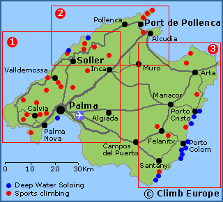 Map of the rock climbing areas in Mallorca