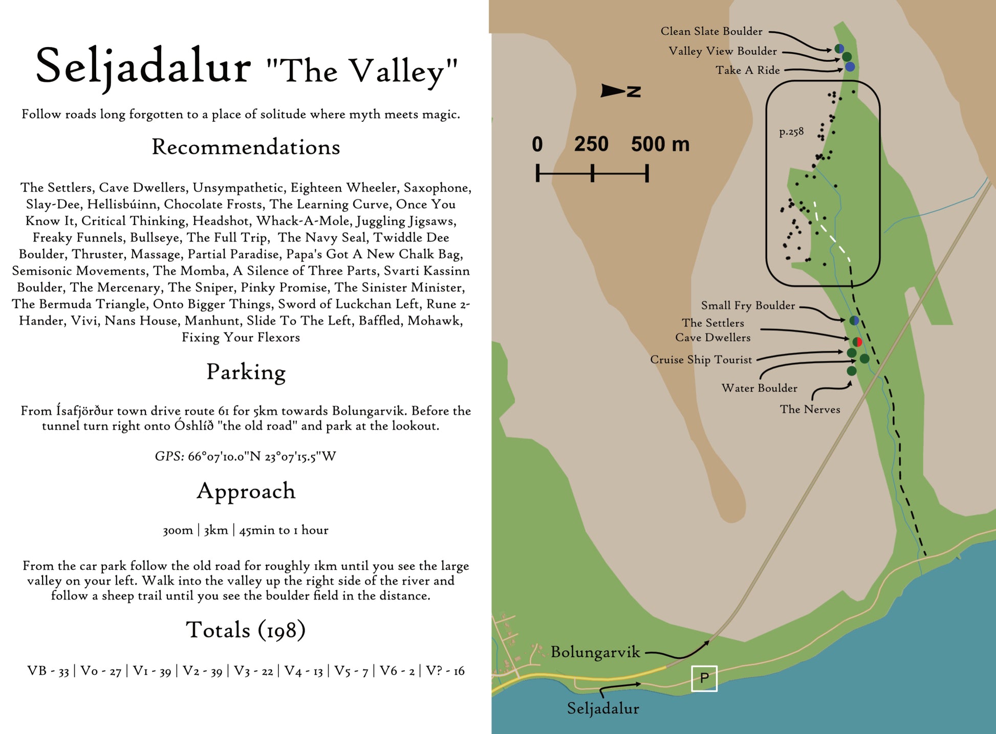 Ísafjörður (Iceland) Bouldering Guidebook - Example crag introduction map and info