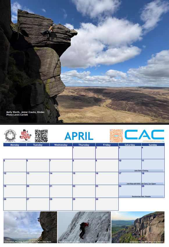 Rucksack Club 2027 Calendar in support of Climbers Against Cancer - Example hanging page
