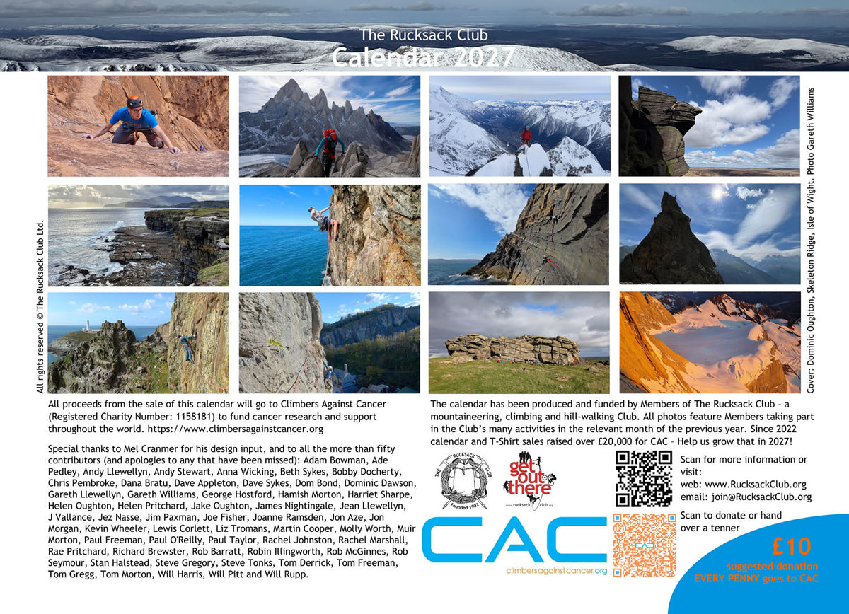 Rucksack Club 2027 Calendar in support of Climbers Against Cancer - Rear cover