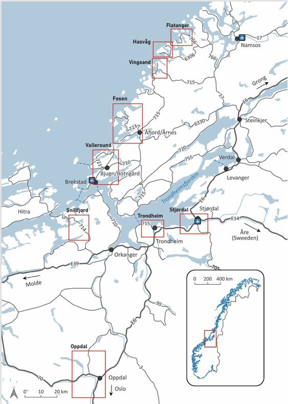 Trøndelag Bouldering Guidebook - areas covered