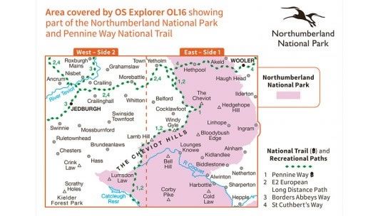 OS Explorer Map OL16 - The Cheviot Hills, Jedburgh and Wooler - area covered,OS Explorer Map OL16 - The Cheviot Hills