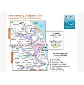 OS Explorer Map OL40 - The Broads - area covered,OS Explorer Map OL40 - The Broads - surrounding area,OS Explorer Map OL40 - The Broads