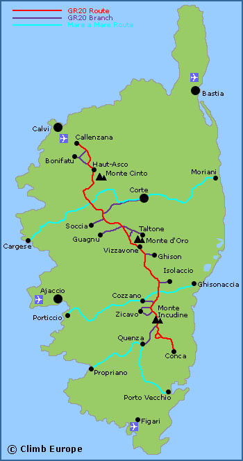 Map of the GR20 Route and Mare a Mare Routes in Corsica