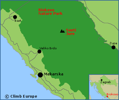 Map of the Biokovo Mountain Nature Park, near Makarska, showing the peak of Sveti Jure