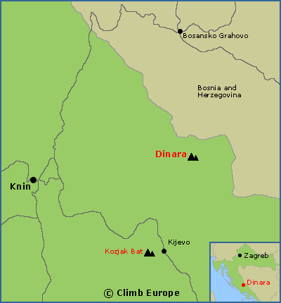 Map showing the location of Dinara Mountain near the town of Knin