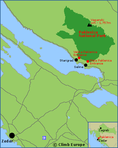 Map showing the location of Paklenica National Park near Zadar