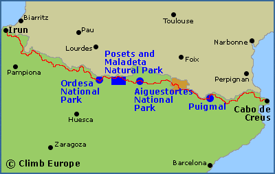 Map of the GR11 Route and National Parks in the Spanish Pyrenees