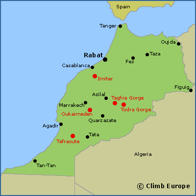 Map of the main rock climbing areas in Morocco