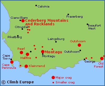 Map of the rock climbing and sport climbing areas around Cape Town in South Africa
