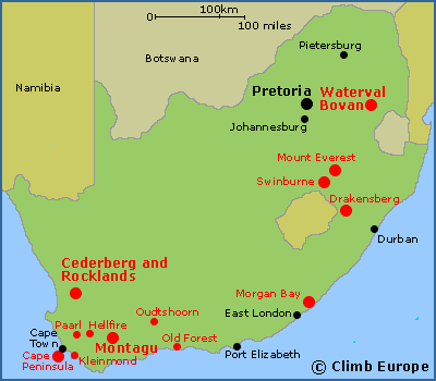 Map of the major rock climbing areas in South Africa
