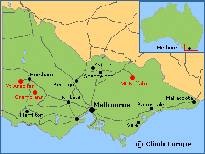 Map of the main rock climbing areas around Melbourne in Victoria State