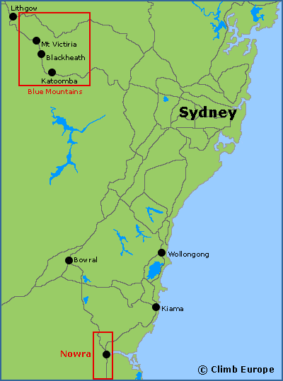 Map of the rock climbing areas around Sydney and the Blue Mountains