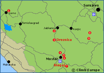 Map of the rock climbing areas around Mostar