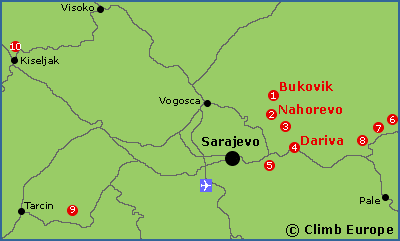Map of the rock climbing areas around Sarajevo