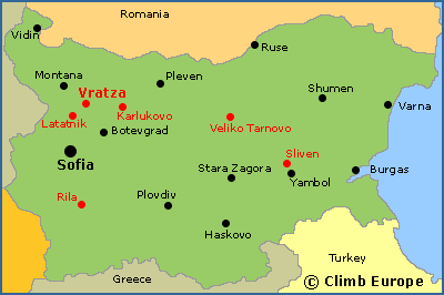 Map of the main rock climbing areas in Bulgaria