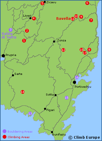 Map of the rock climbing and bouldering areas around Bavella and in Southern Corsica