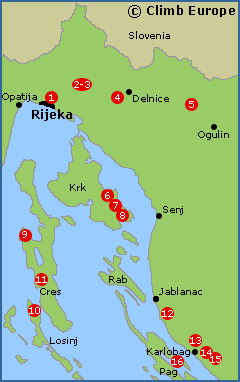 Map of the Rock Climbing areas around Rijeka and Kvarner