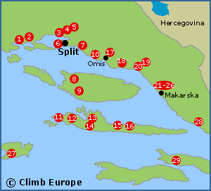 Map of the Rock Climbing areas around Split