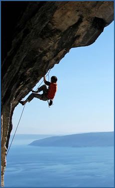 Demir Baric on Giant S (F7c) at Moscenica Draga crag, in the Istria region of Croatia