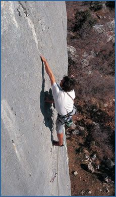 An unknown climber on Camamila (F6c) at Dvigrad crag in the Istria region of Croatia