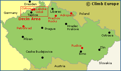 Map of the main rock climbing areas in the Czech Republic