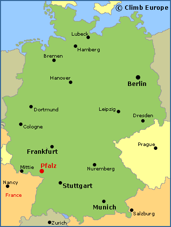 Location of Pfalz rock climbing area in Germany