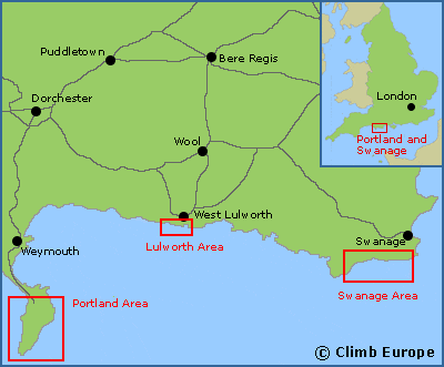 Map of the main rock climbing areas on the Dorset Coast