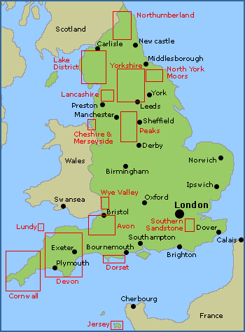 Map of the rock climbing areas in England