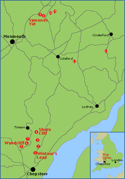 Map of the rock climbing areas in the Wye Valley