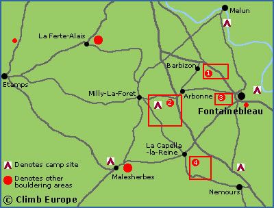 Map of the bouldering areas at Fontainebleau