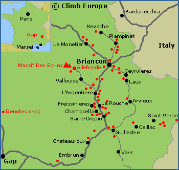Map of the rock climbing areas in the Durance Valley, in the Haute Alps