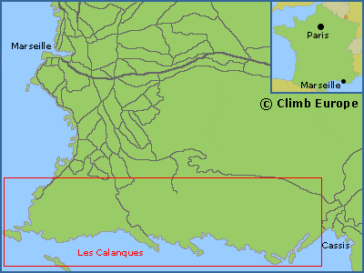 Map of the rock climbing areas at Les Calanques near Marseille