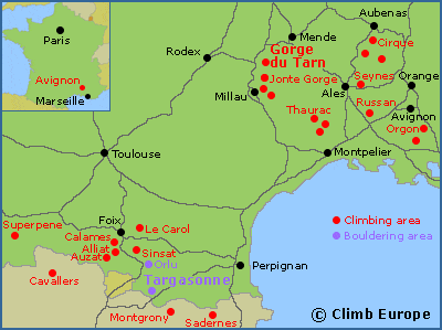 Map of the rock climbing and bouldering areas in Southwest France and the French Pyrenees