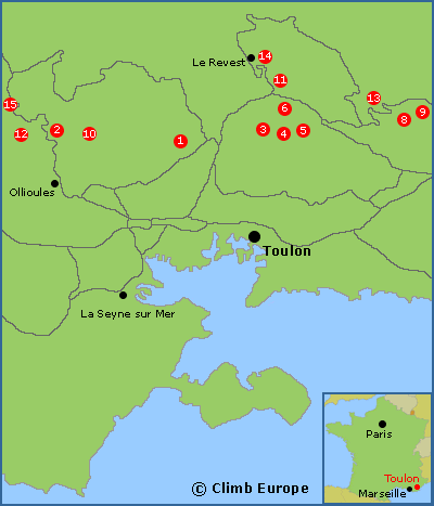 Map of the rock climbing areas around Toulon