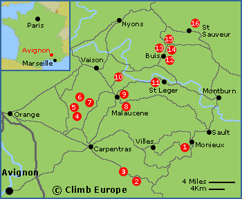 Map of the main rock climbing areas around Avignon