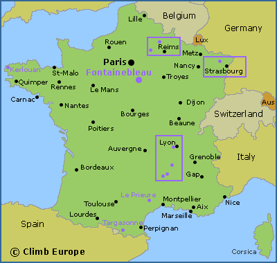 Map of the bouldering areas in France