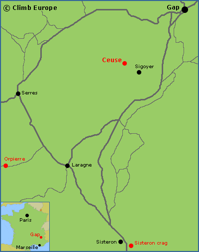 Map of the rock climbing and sport climbing areas south of Gap including Ceuse