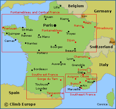 Map of the main rock climbing and bouldering areas in France