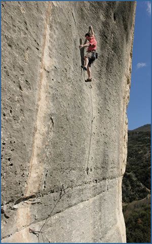 An unknown climber on the classic Pacemaker, F7c at Buoux