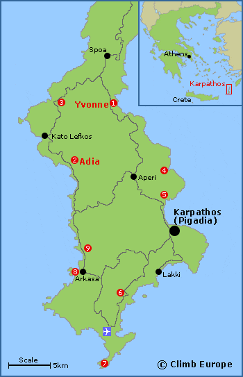 Map of the rock climbing areas on Karpathos