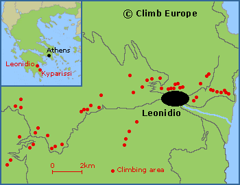 Map of the rock climbing areas at Leonidio