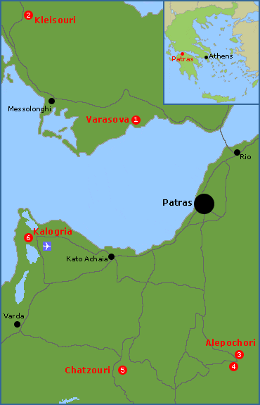 Map of the rock climbing and sport climbing areas around Patras