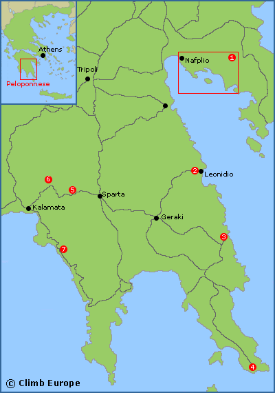 Map of the rock climbing areas in the Peloponnese regions of Greece
